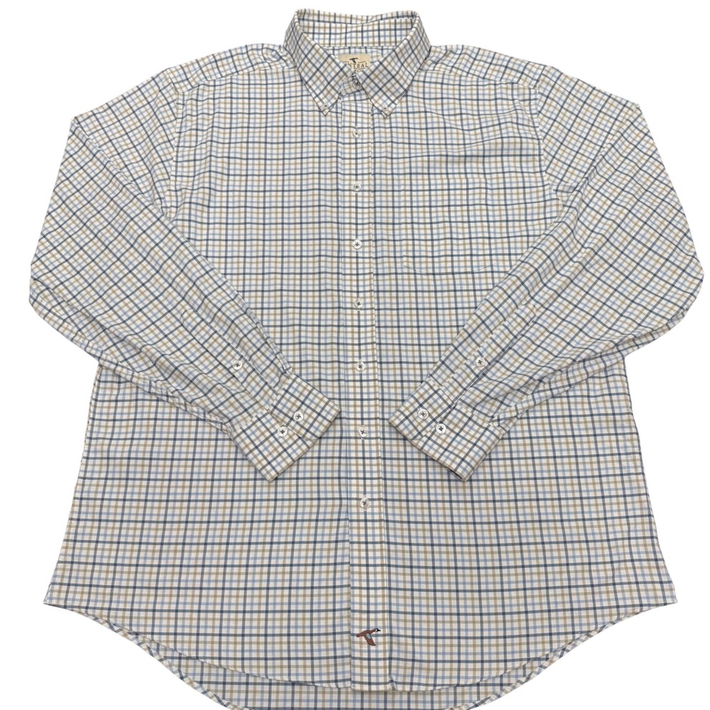 Genteal Performance Shirt Mens XL Blue Tan Plaid Button Down Long Sleeve Stretch
